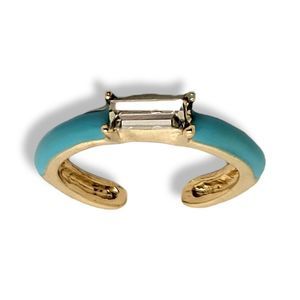 Gold-Tone Baguette White Glass Stone and Blue Enamel Stack Ring Adjustable Size